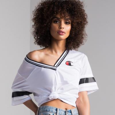 Champion Womens V Neck Extra Long Mesh Jersey Tee in Red Spark, White