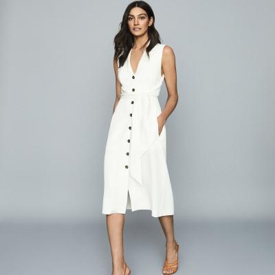 Rosalind White Linen Blend Belted Midi Dress – REISS