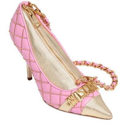 MOSCHINO - LOGO LETTERING PUMP SHAPED LEATHER BAG - PINK/GOLD
