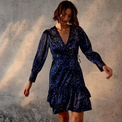 Monsoon Ditsy star print embellished wrap dress blue