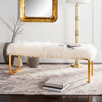 Safavieh Etta Faux White Sheepskin Bench in Gold Foil