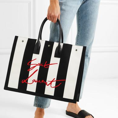 SAINT LAURENT Noe leather-trimmed embroidered striped canvas tote