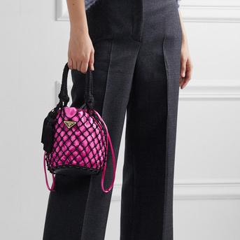 Prada String small tasseled satin and macramé tote