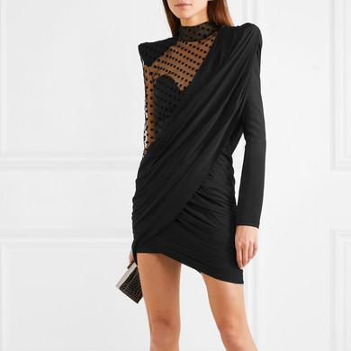 Balmain Draped crepe and polka-dot flocked tulle mini dress