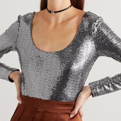 Silver Patent leather-trimmed sequined stretch-jersey bodysuit Gucci
