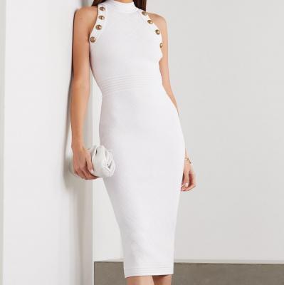 White Button-embellished pointelle-knit midi dress Balmain