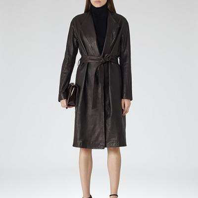 Reiss AMILE LONG LEATHER WRAP COAT CHOCOLATE