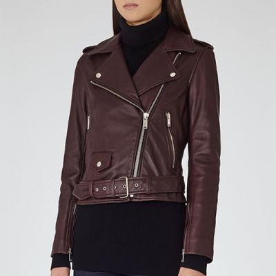 Reiss NIRA LEATHER BIKER JACKET  DEEP BORDEAUX