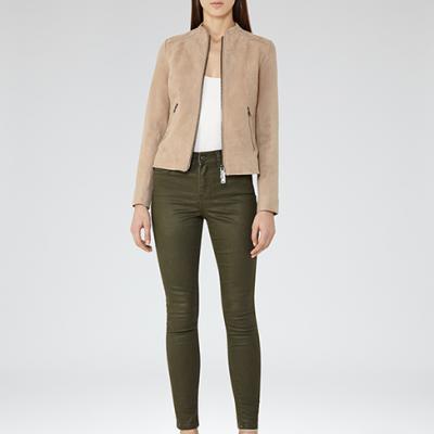 Racer Taupe Zip-front Suede Jacket - REISS