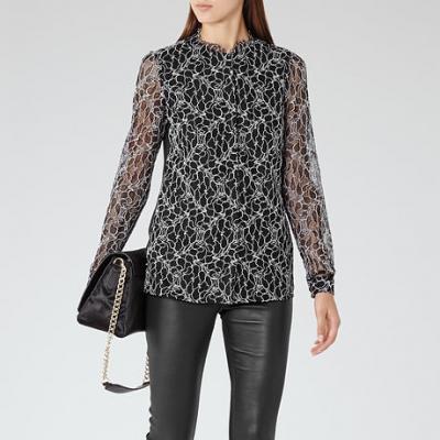 Loir Black Lace Contrast-Back Top - REISS