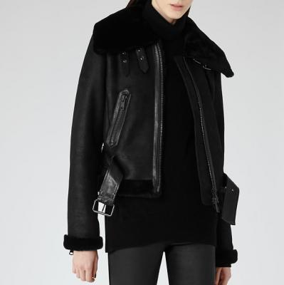 Nell Black Shearling Biker Jacket - REISS