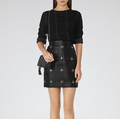REISS TESS EMBELLISHED LEATHER SKIRT BLACK