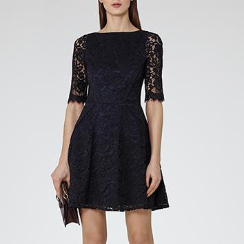 Missie Night Navy Lace Fit And Flare Dress - REISS