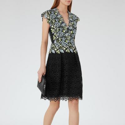 Idie Blue/black Lace And Embroidery Dress - REISS