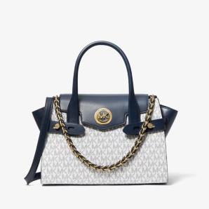 Carmen Small Logo And Leather Belted Satchel - Navy/ White - Michael Kors