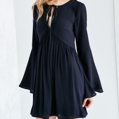Ecote Crochet-Trim Bell-Sleeve Mini Dress - Urban Outfitters