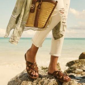 Glenda Studded Burnished Leather Slide Sandal Michael Kors