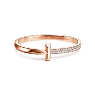 Tiffany T T1 wide diamond hinged bangle in 18k rose gold, medium. Tiffany & Co.