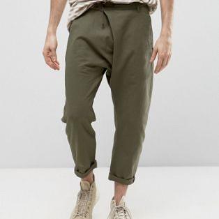 ASOS mens Drop Crotch Trousers With Leather Belt In Khaki