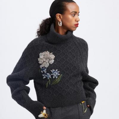 Charcoal Embroidered Knit Pullover - Charcoal Oscar de la Renta