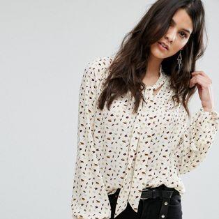 Mango Tie Neck Printed Blouse