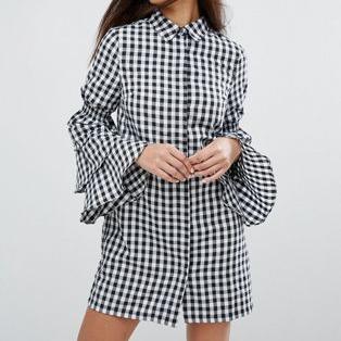 Missguided Gingham Tiered Sleeve Shirt Dress