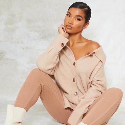 Stone Oversized Knitted Button Up Shacket PrettyLittleThing
