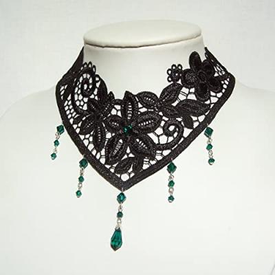 LunarraStar Women Emerald Green Crystal Teardrop Nocturne Gothic Lace Choker Necklace Adjustable 2.5