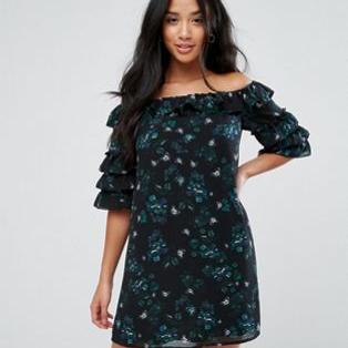 Fashion Union Petite Fashion Union Petite Off Shoulder Dress With Ruffle Sleeves In Dark Floral