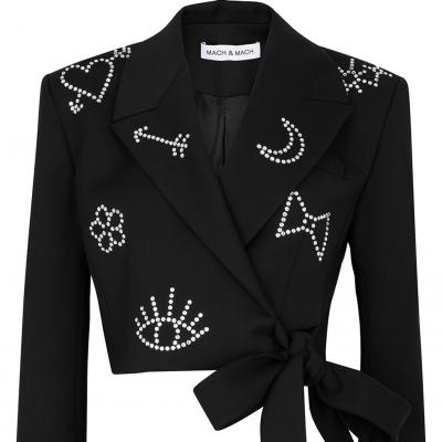 MACH & MACH Black embellished cropped stretch-jersey blazer