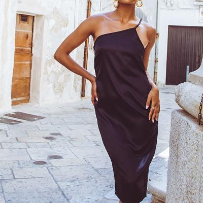 Black Asymmetric Satin Midi Dress Dresses PrettyLittleThing