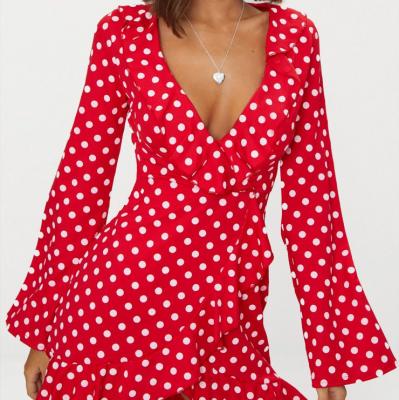Red Polka Dot Frill Detail Flare Sleeve Wrap Dress PrettyLittleThing