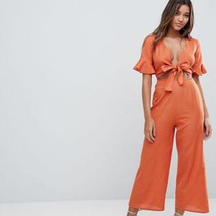 ASOS DESIGN tea jumpsuit with cut out and tie detail in linen