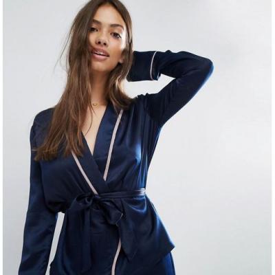 Asos Premium Satin Piped Pyjama Kimono Pyjama Top in Blue Lyst