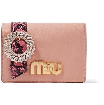 Miu Miu My Miu embellished watersnake-trimmed textured-leather shoulder bag