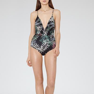 Larena Printed Multi Black Plunge-front Swimsuit - REISS