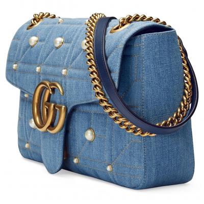 Gucci GG Marmont 2.0 Imitation Pearl Embellished Denim Crossbody Bag