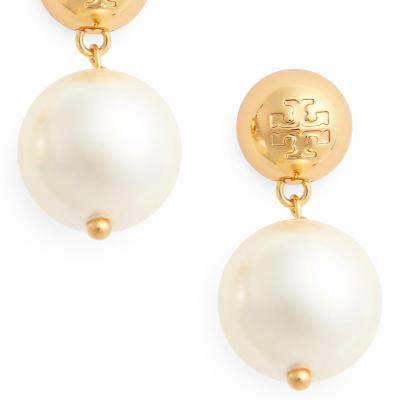 Tory Burch Logo Faux Pearl Drop Earrings