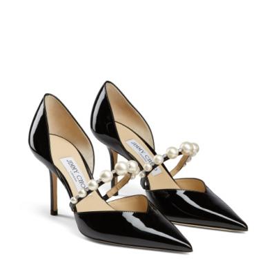 Black Patent Leather Pointed Pumps with Pearl Embellishment AURELIE 85 High Summer 2021 JIMMY CHOO