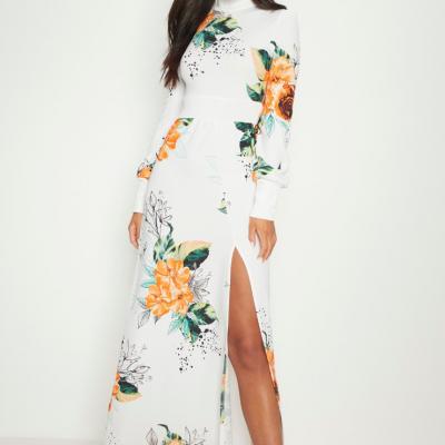 White Floral High Neck Side Split Maxi Dress PrettyLittleThing USA
