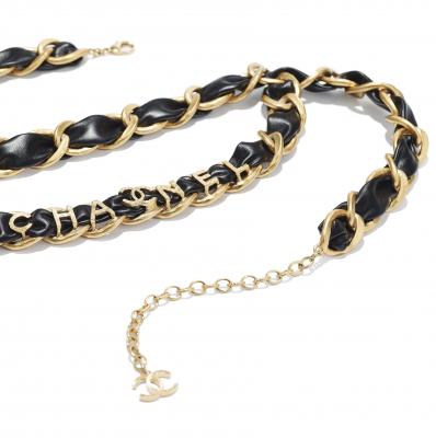 Belt, metal & calfskin, gold & black - CHANEL