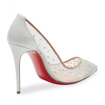 Christian Louboutin Follies Strass 100mm Red Sole Pump, White/Nude