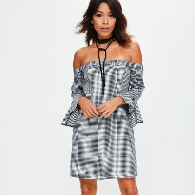Black Gingham Bardot Frill Sleeve Shift Dress - Missguided