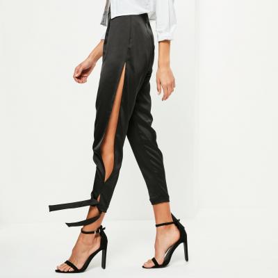 Black High Shine Split Tie Detail Trousers - Missguided