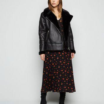 Black Leather-Look Aviator Jacket New Look