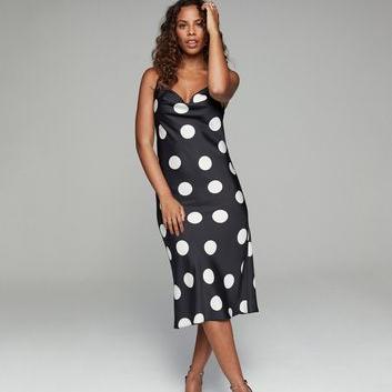 Black Polka Dot Satin Midi Slip Dress New Look
