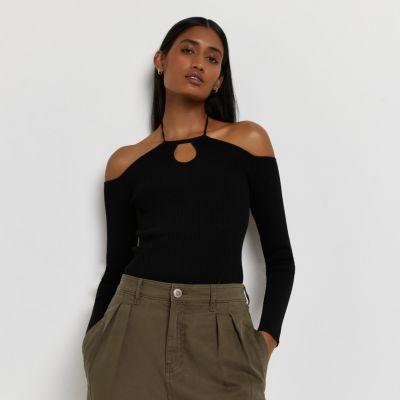 Black ribbed cut out tie neck knit top River Island