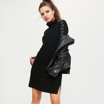 Black Ring Detail Roll Neck Mini Jumper Dress - Missguided