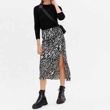 Black Zebra Print Satin Bias Cut Midi Skirt New Look