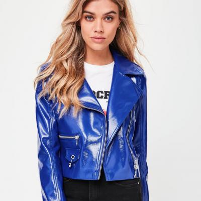 Blue Crop Patent Faux Leather Biker Jacket Missguided